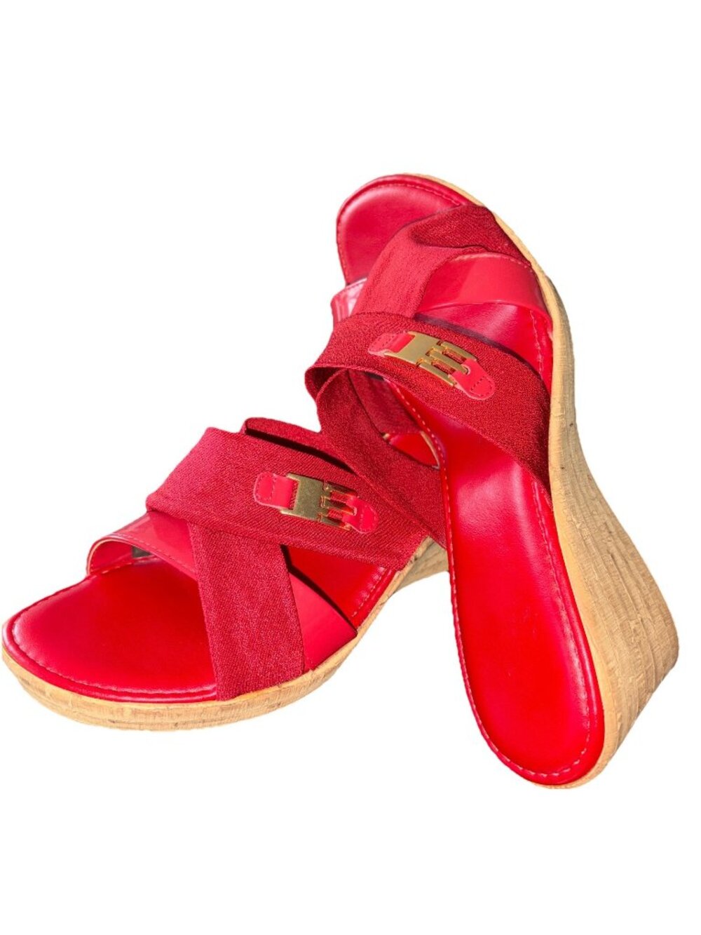 Red Open Toe Slide Size 7.5” Wedge Sandals “Made In Italy”